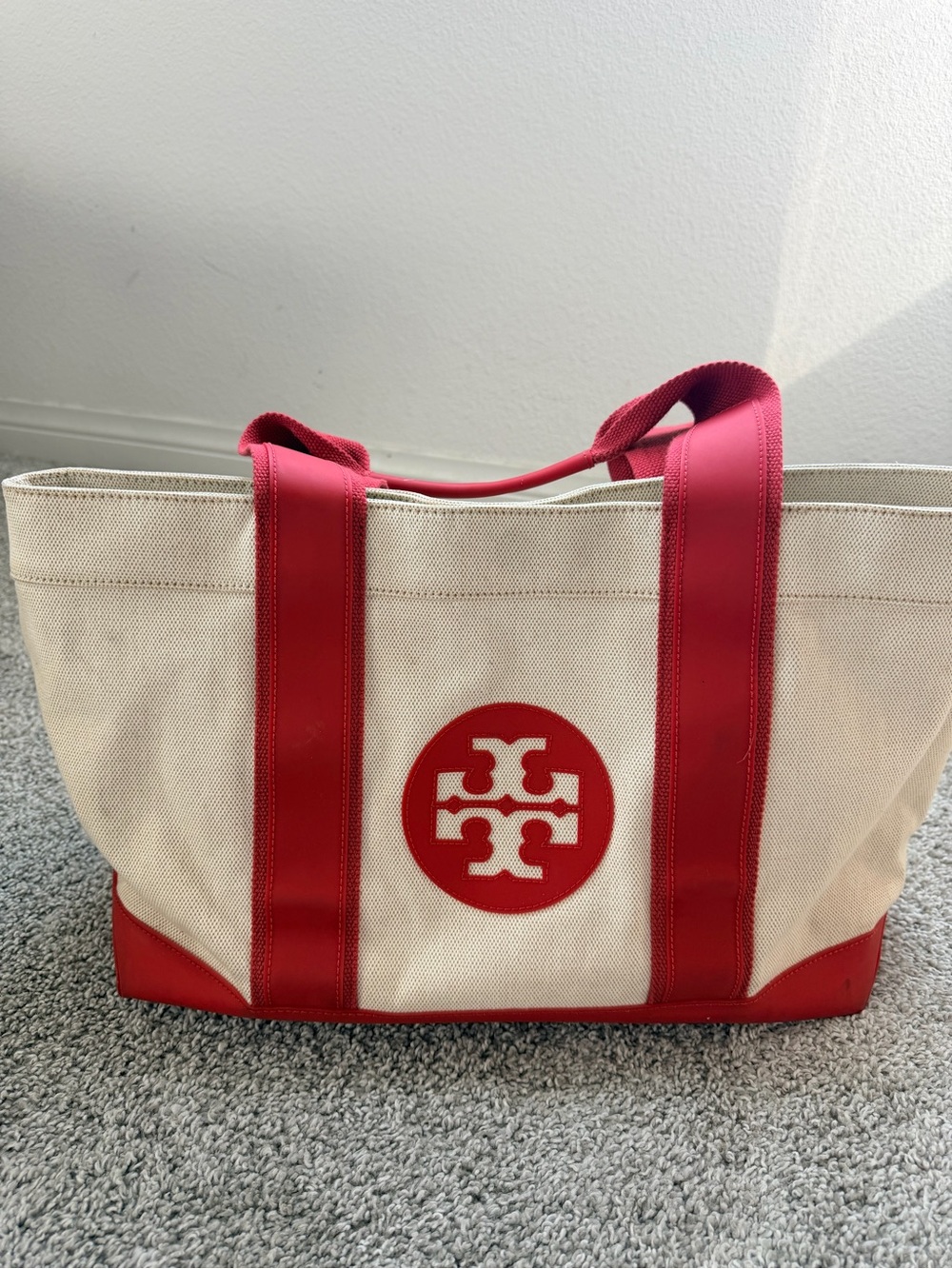 Tory Burch Cream Canvas Tote with Red Trim and Logo